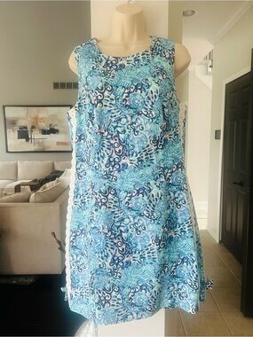 Lilly Pulitzer Mila Stretch Shift Dress Light Aqua Spritz Blue Print Size 10